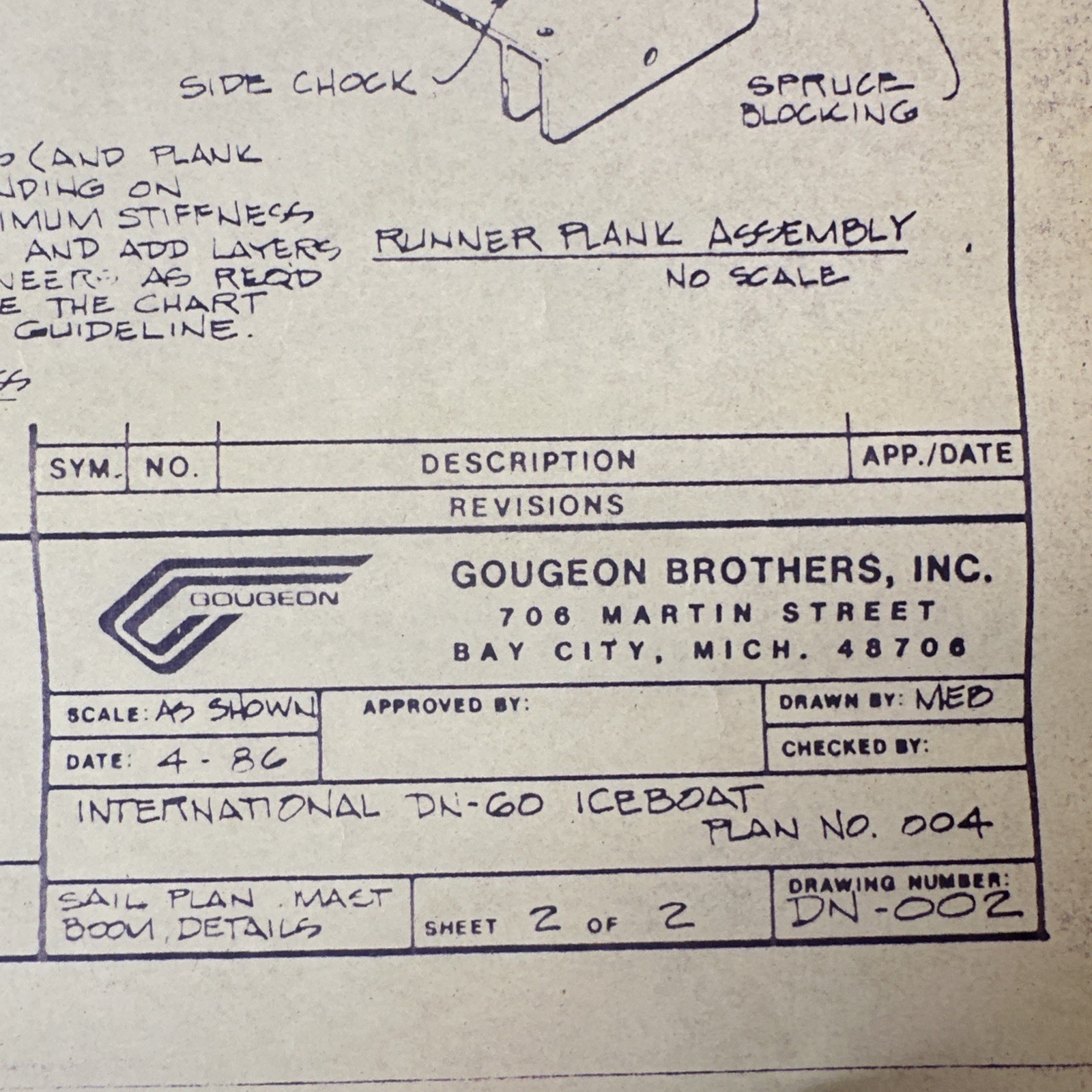 Vintage Blueprint International DN-60 Iceboat Gougeon Brothers Bay City Michigan