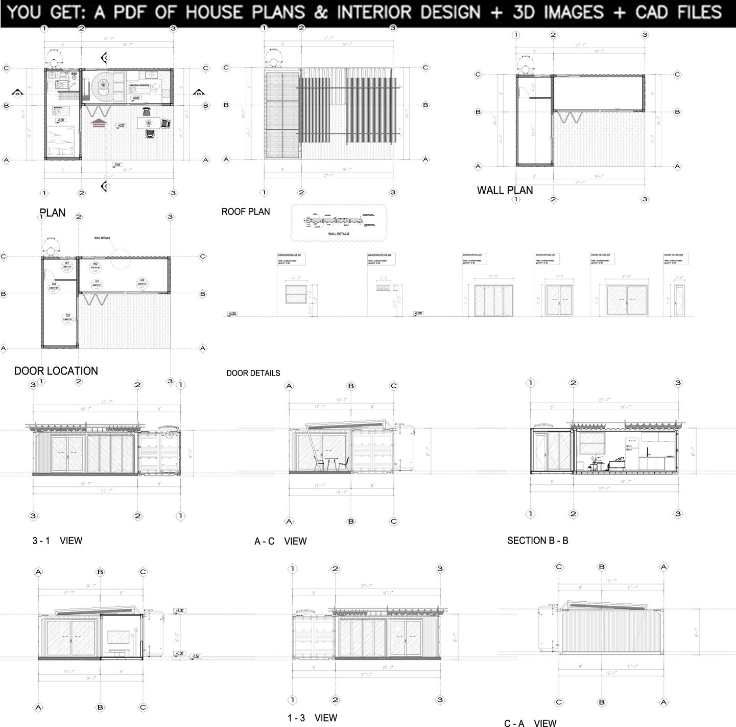 Container house plans – 1 bedroom – 1 bathroom – Digital PDF File