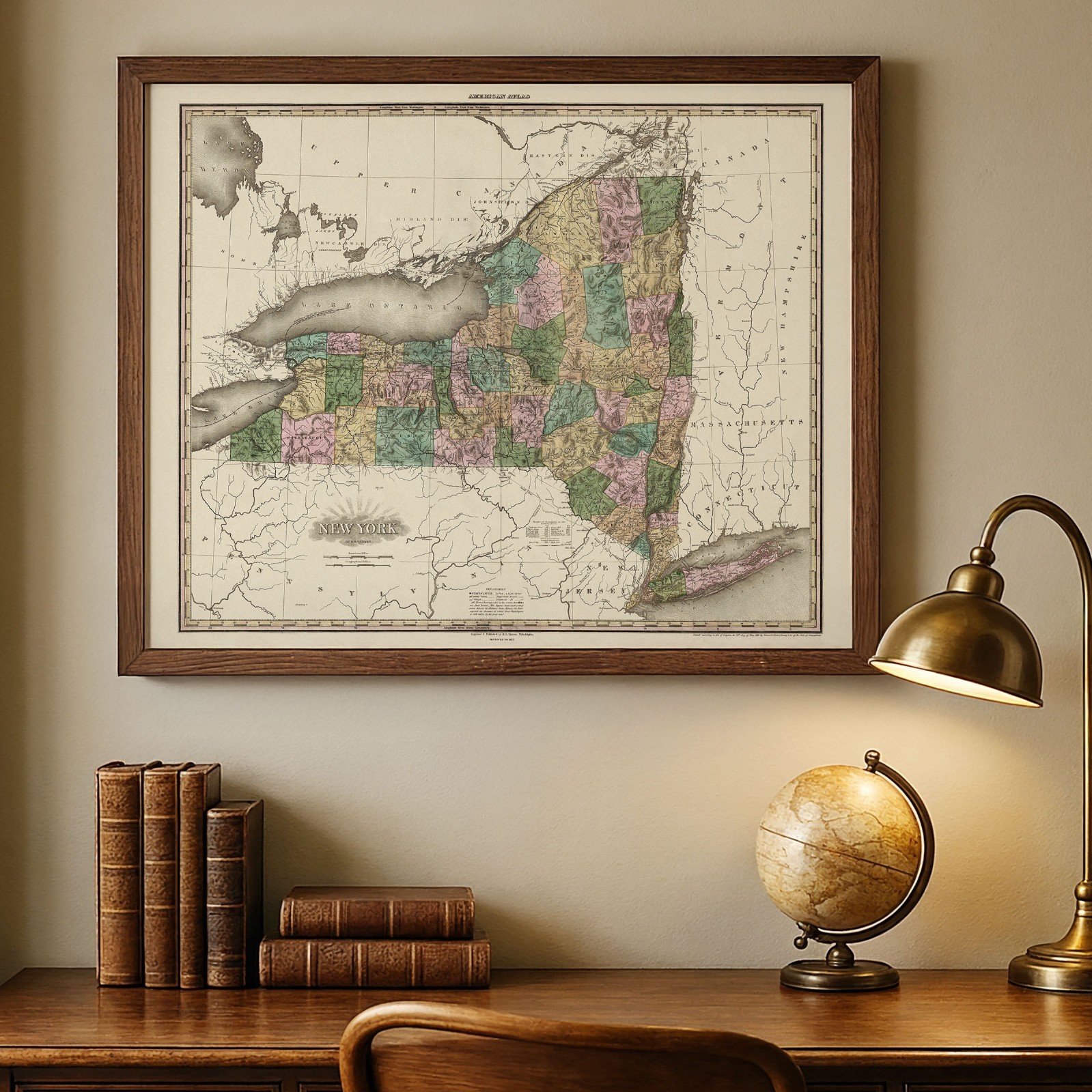 New York State 1823 Antique Map Vintage County Chart Historic Wall Art