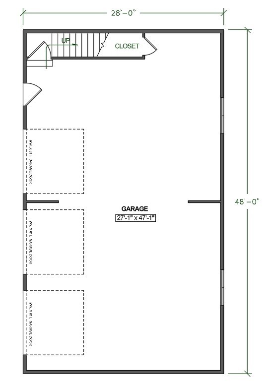 3-Car Garage Plan with Attic Apartment: 28’x48′ Detached Building Blueprint