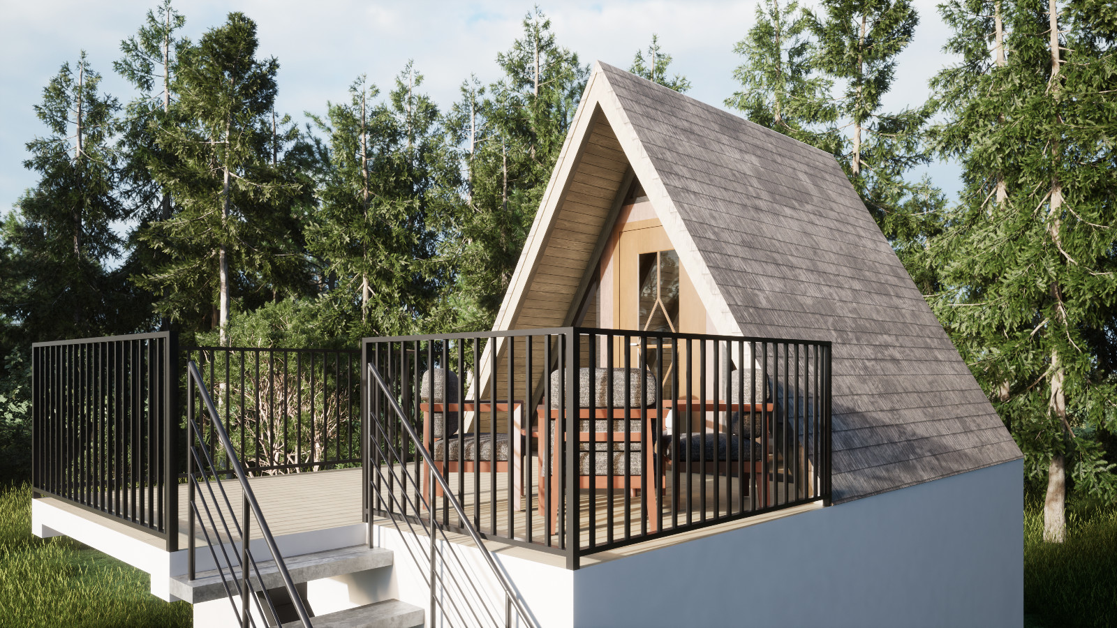 Two story Modern A-Frame Cabin House Plan 3D Images DWG File & PDF For Blueprin