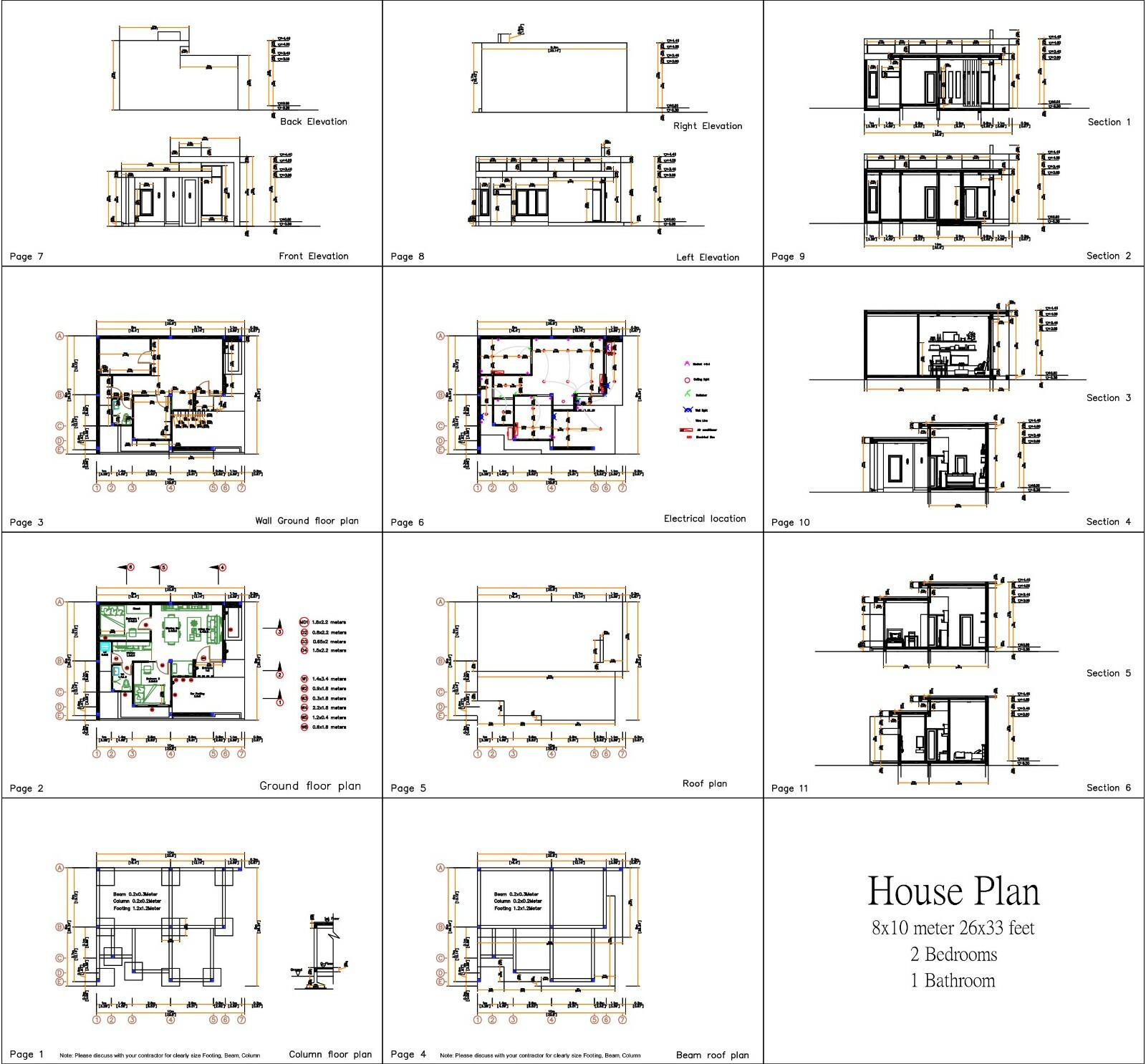 26×33 Feet House Plans 8×10 Meter 2 Bedrooms Terrace Roof PDF (A4 Hard Copy)