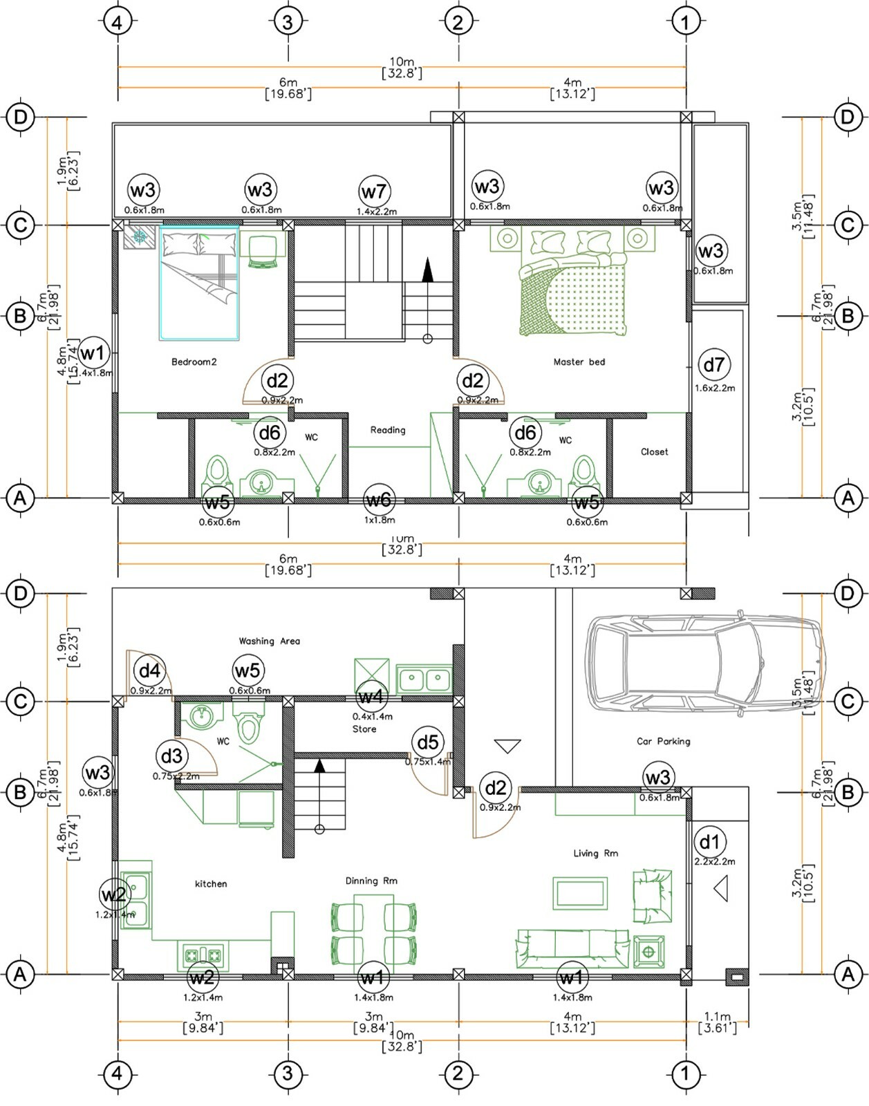 Custom Small House 6.7×10 Meter 22×33 Feet 2 Beds 3 Baths Hip Roof (A4 Hard Copy