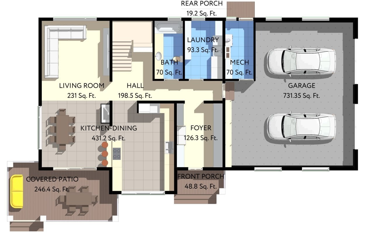 72’x42’ 3 Beds, 2 Baths Elegant Cottage Architectural Build Plans PDF Download.