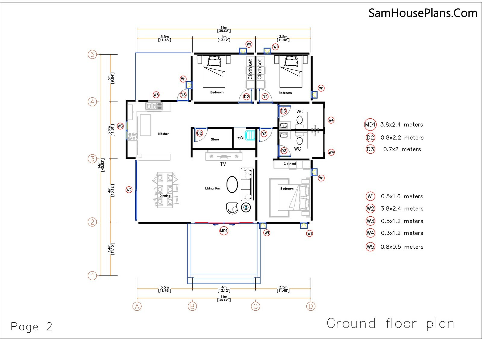 Cool Home Plans 11×14 Meters 36×46 Feet 3 Beds 2 Baths Gable Roof (A4 Hard Copy)