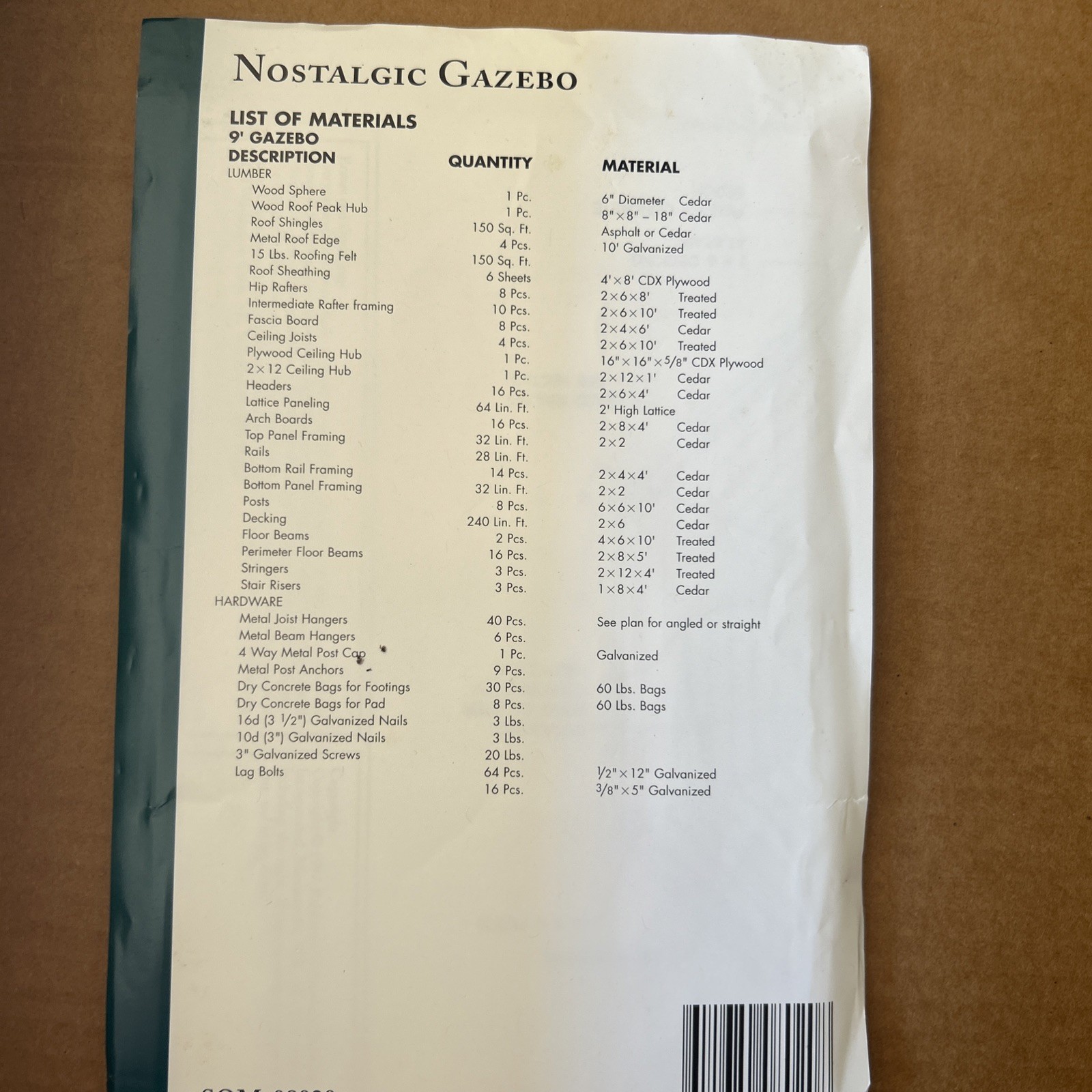 Vintage Nostalgic Gazebo Building Pattern Blueprints Somerset SOM-08020