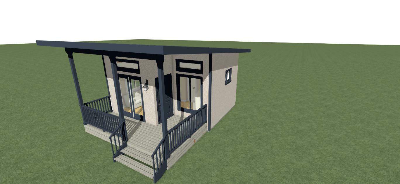 ADU Tiny House Plans 228 square feet with front porch deck.