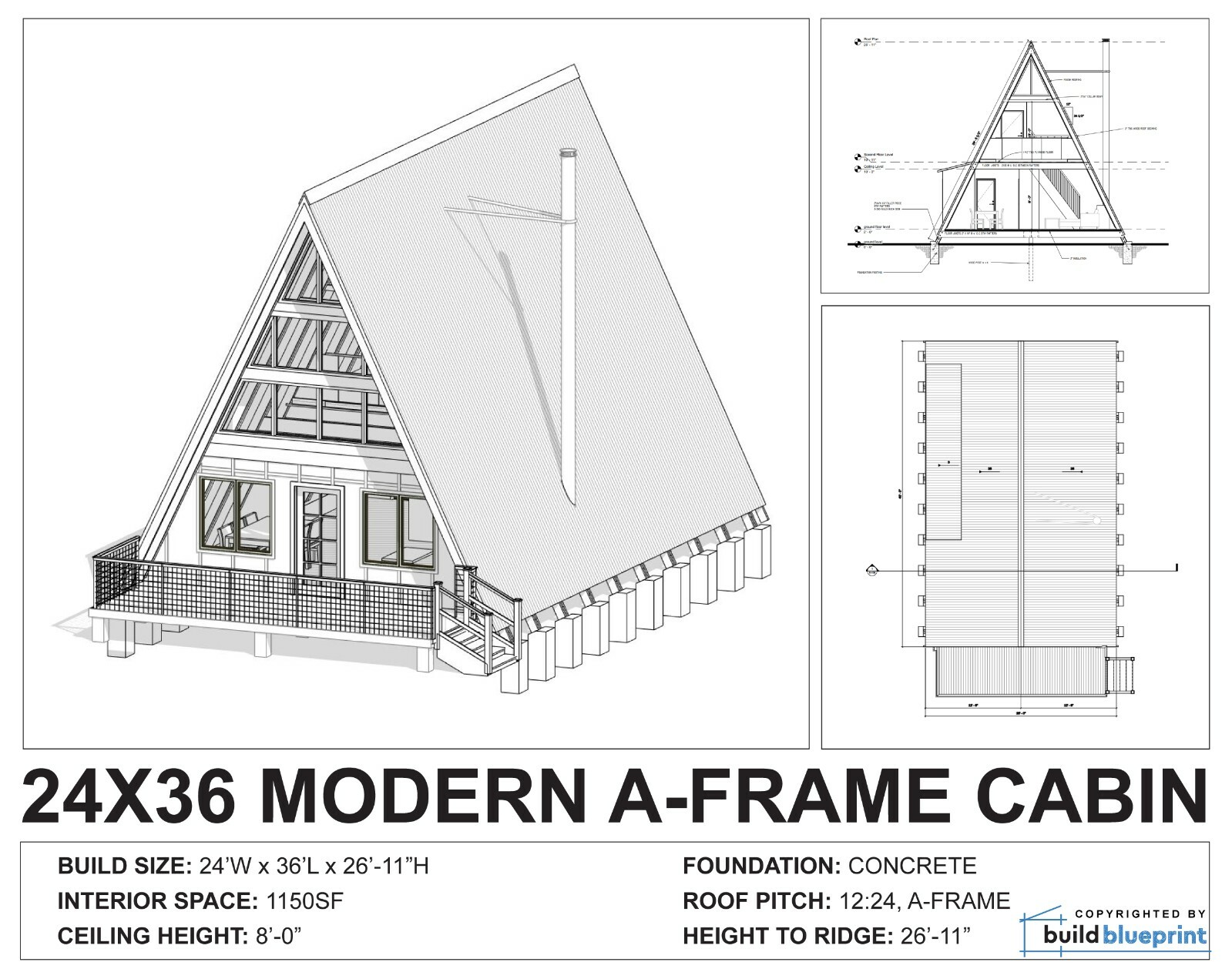 24′ x 36′ Modern A-Frame Cabin Architectural Plans Blueprint PDF Download