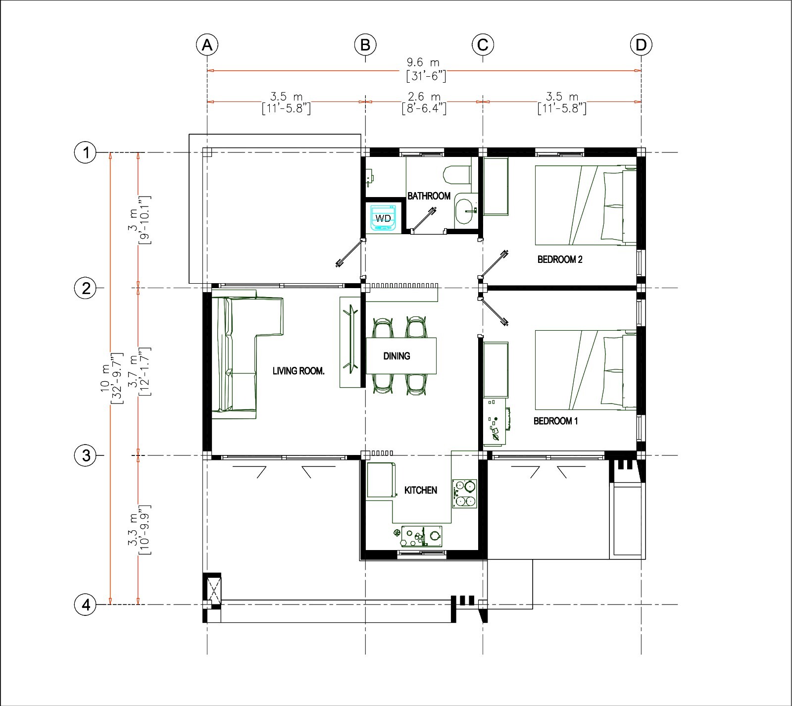 32×33 Feet Small House Plan 9.6×10 Meter 2 Bed 1 Bath PDF & A4 Hard Copy