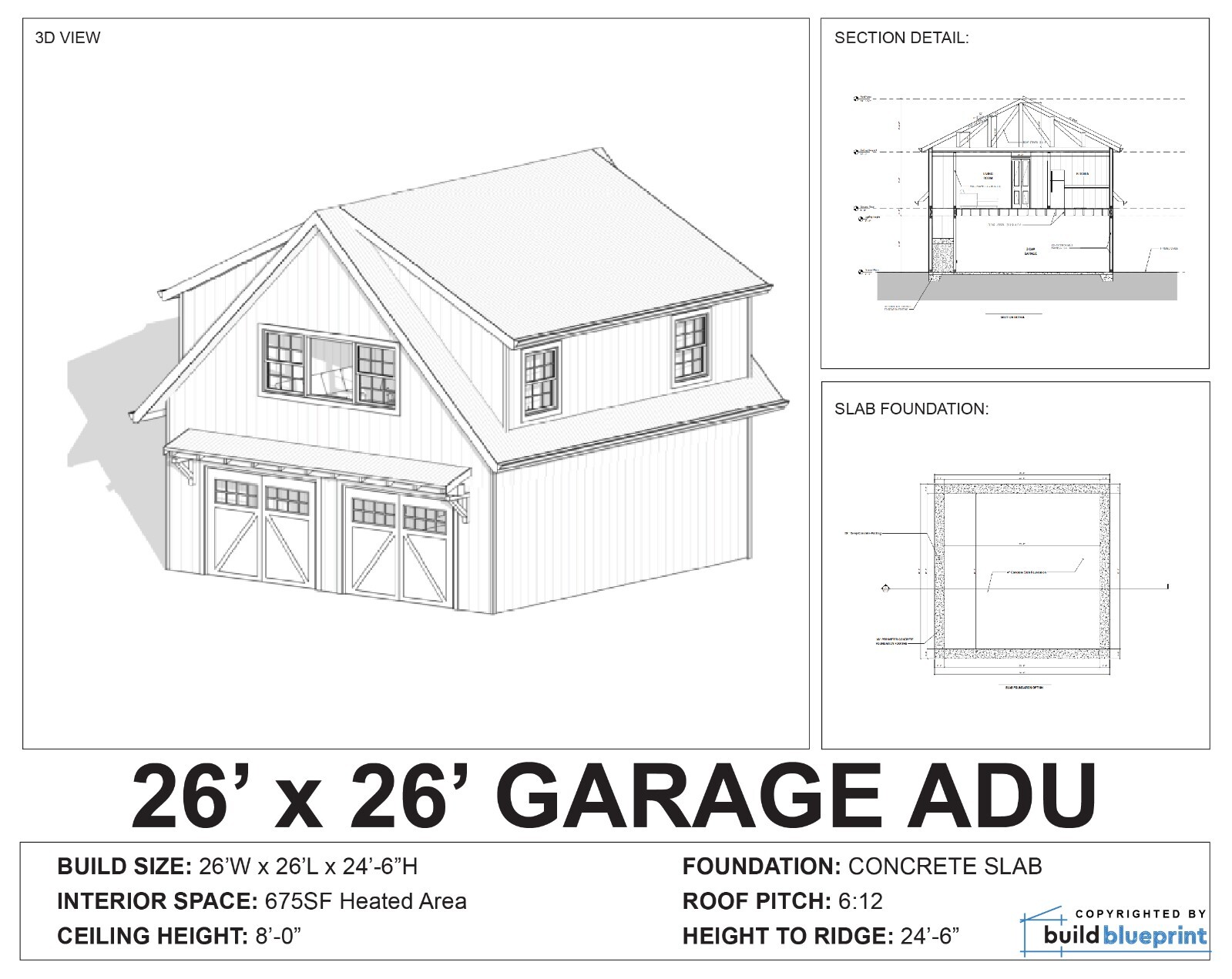 26′ x 26′ Two Car ADU Garage Loft Architectural Plans – PDF Download
