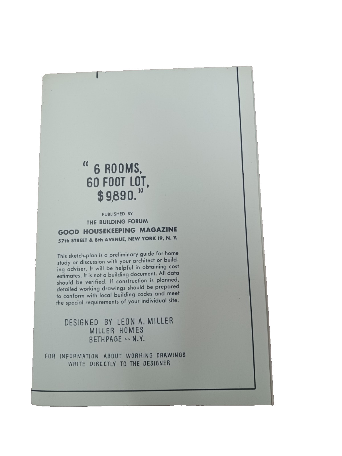 VTG 1940s 1950s 6 Rooms 60 Foot Lot Good Housekeeping House Floor Plan Cottage