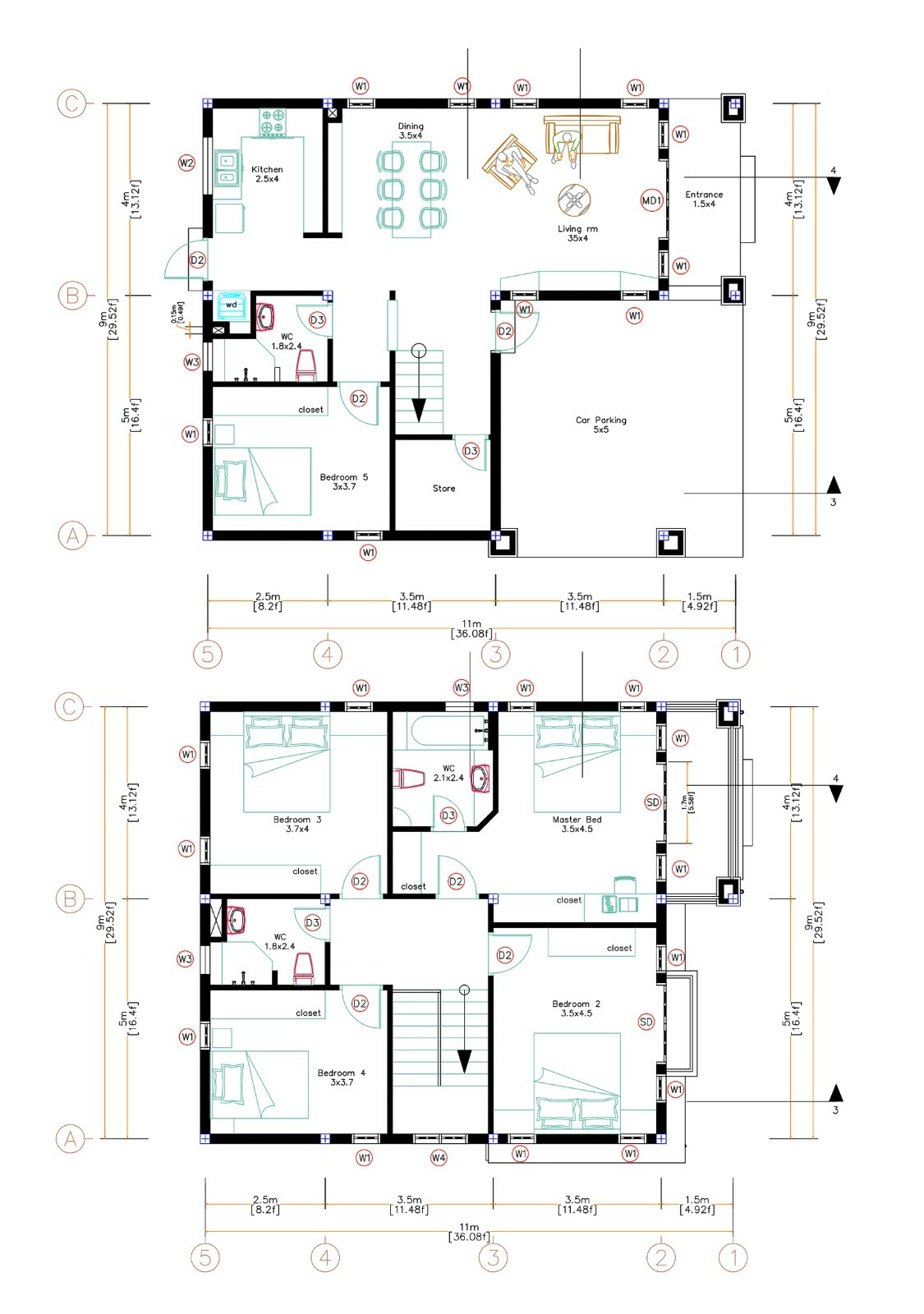 Custom House Plan 9×11 Meter 26×36 Feet 5 Beds 3 Baths Hip Roof (A4 Hard Copy)