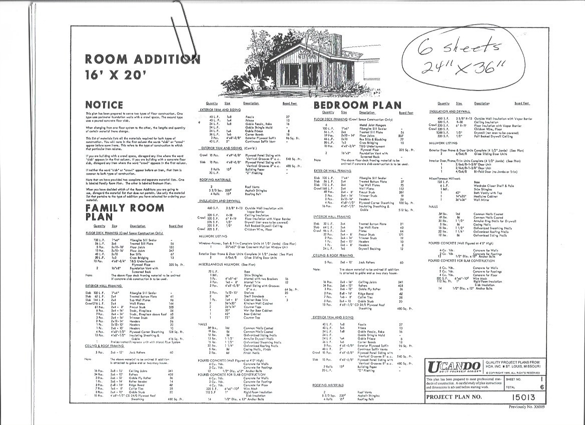 Combo Family Room Plan and Bedroom Plan 6 Sheets 24″ x 36″