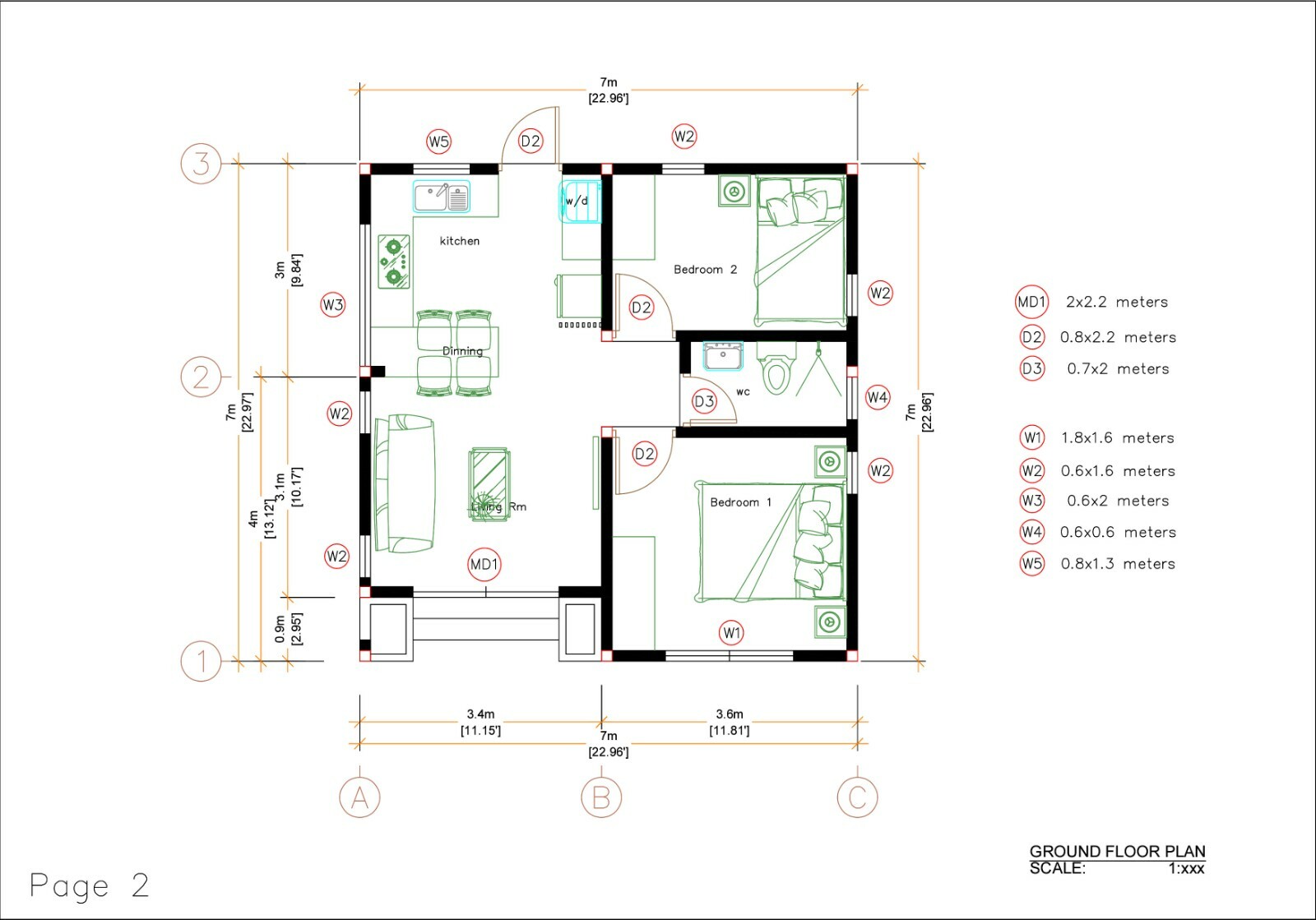 Small House Design 7×7 Meter 24×24 Feet 2 Beds Shed Roof (A4 Hard Copy)