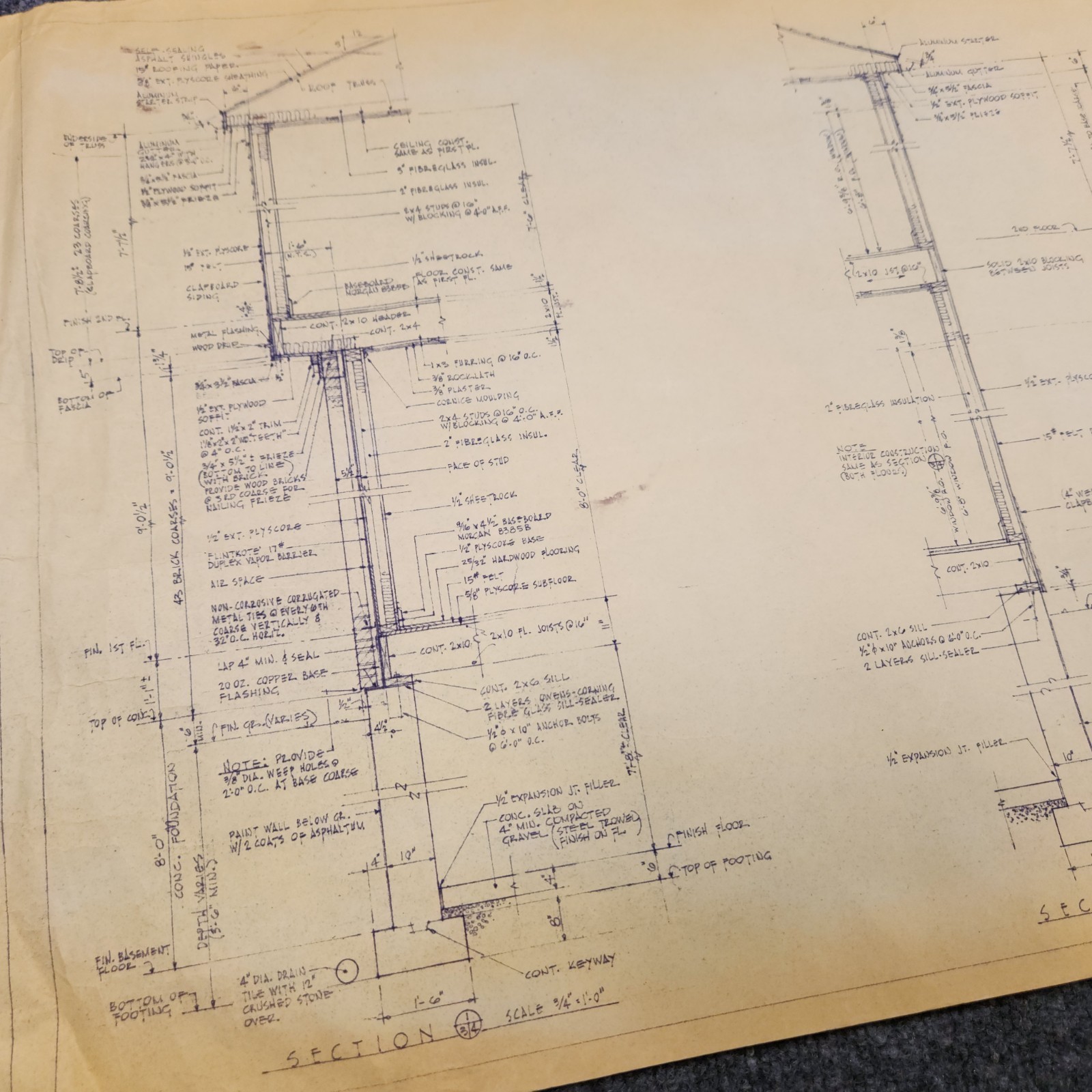 Vintage House Blueprint 33×17 1964 Mid Century Modern Drawing Art Glen Ellyn IL