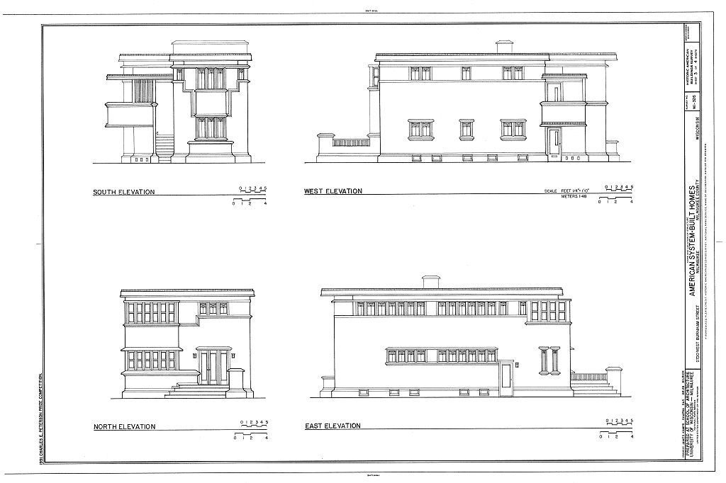 Frank Lloyd Wright, Prairie School, house plans, narrow lot, PRINTED