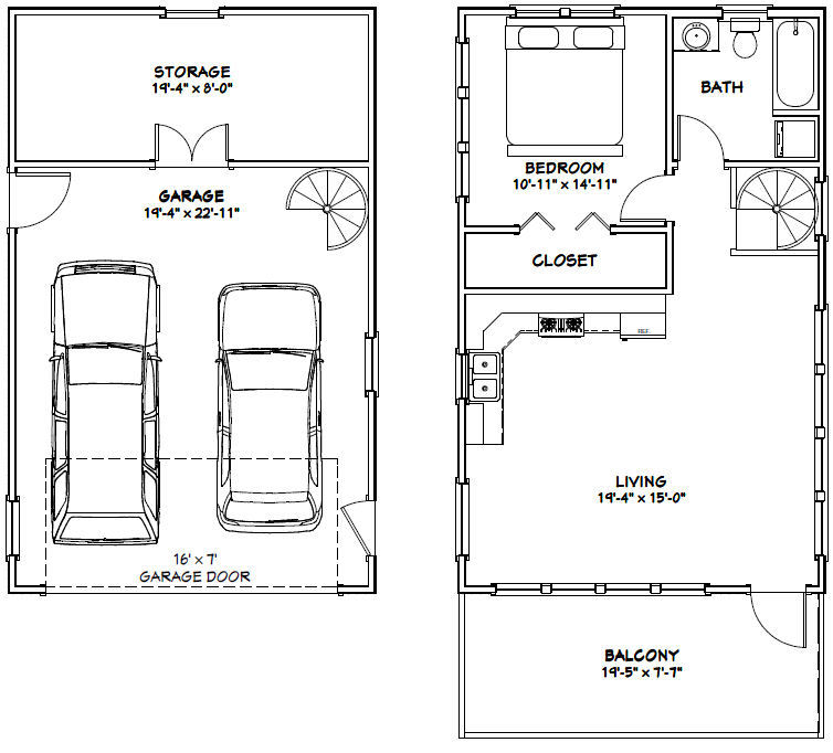 20×32 House — 1 Bedroom — 2 Car Garage — PDF Floor Plan — Model 6W