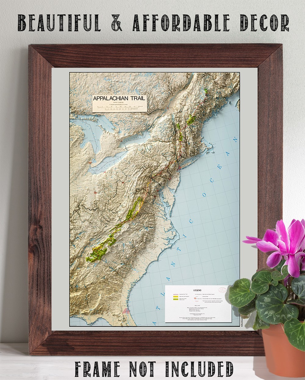 Appalachian Trail Shaded Relief Map Eastern US Hiking Topographic Wall Art