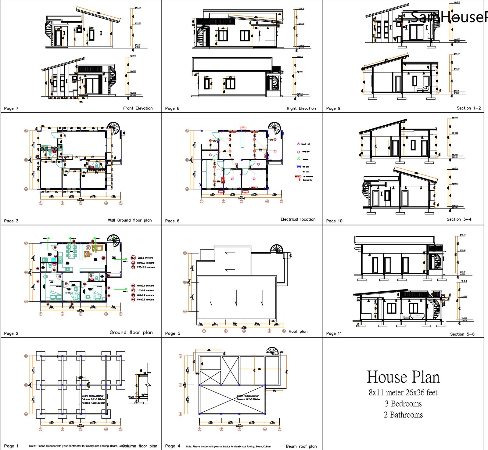 26×36 Feet Small House Plan 8×11 Meter 3 Beds 2 Baths Shed PDF (A4 Hard Copy)