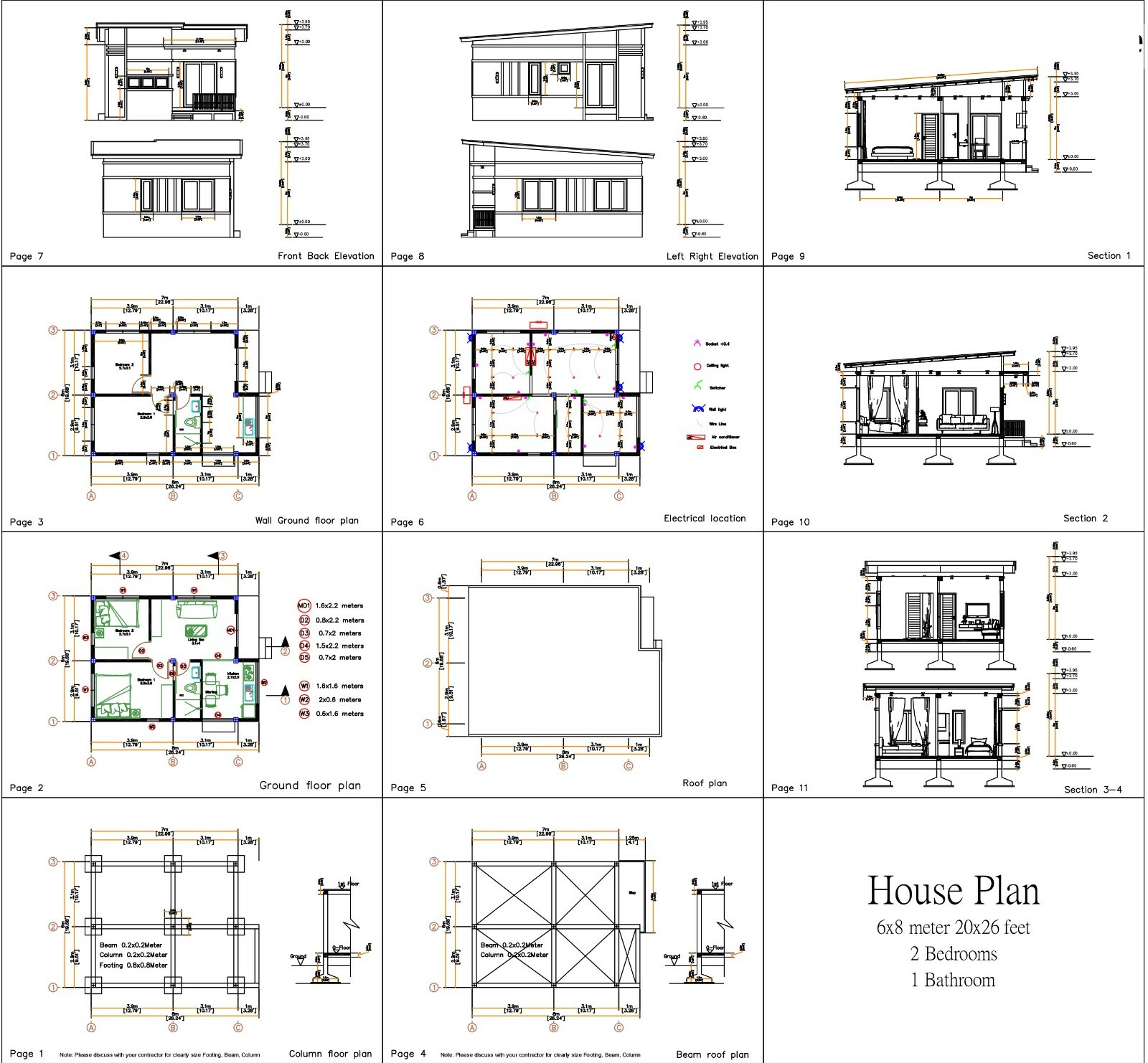 House Design 3d 6×8 Meter 20×26 Feet 2 Bedrooms Shed Roof PDF (A4 Hard Copy)