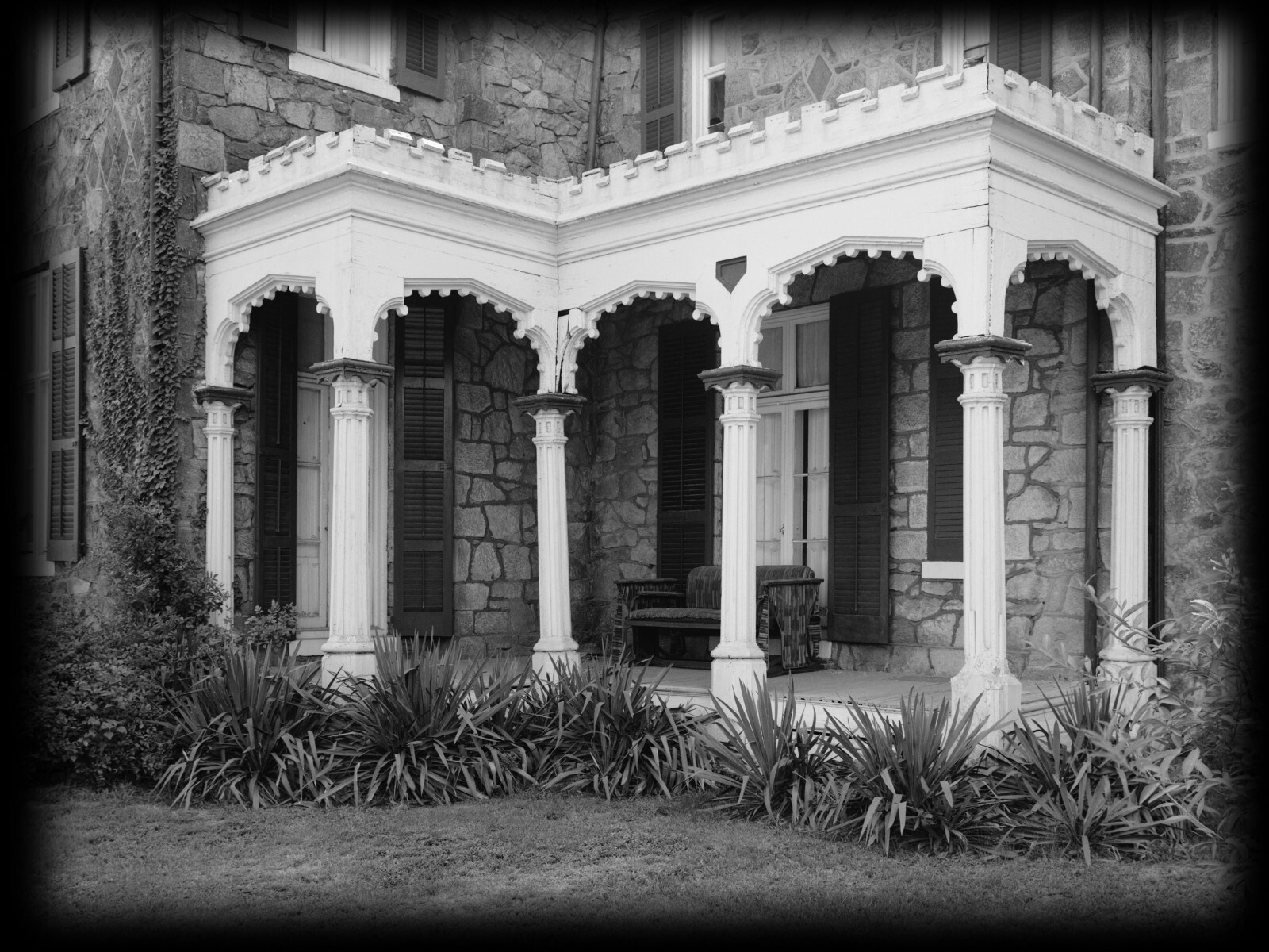 HOUSE PLANS – stone mansion, Tudor-Gothic style, porches, tower, PRINTED PLANS