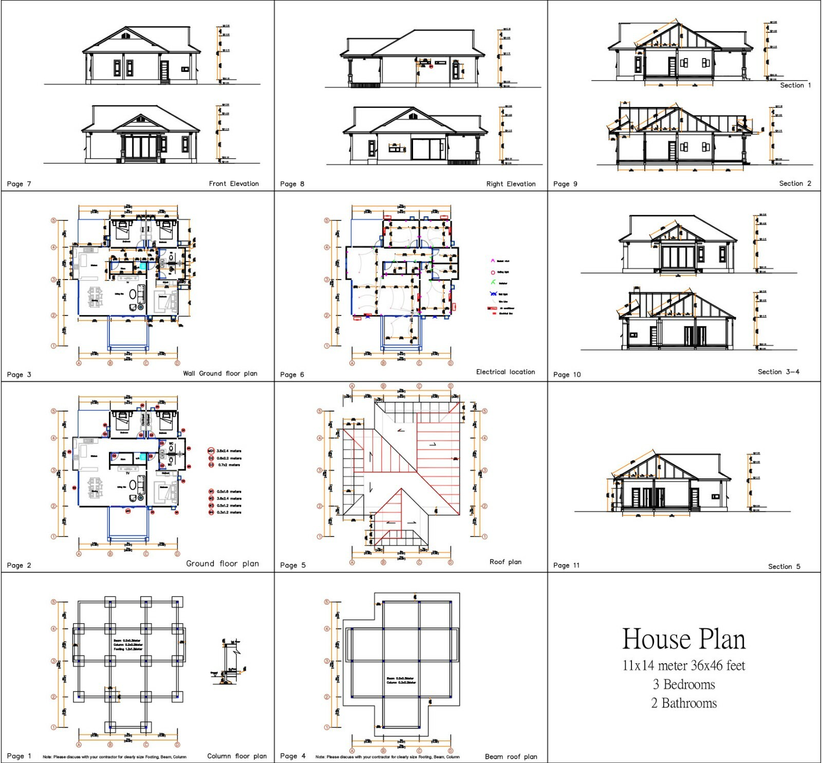 Cool Home Plans 11×14 Meters 36×46 Feet 3 Beds 2 Baths Gable Roof (A4 Hard Copy)