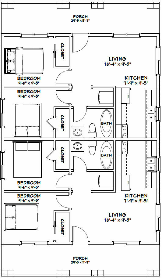 30×40 Duplex — 2 Bedroom 1 Bath — 1,200 sq ft — PDF Floor Plan — Model 4