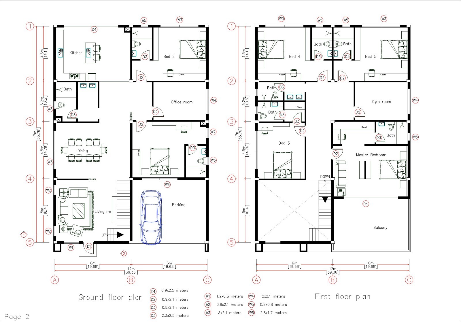 39×56 Feet House Plans 3d 12×17 Meter 6 Beds 8 Baths PDF File and (A4 Hard Copy)