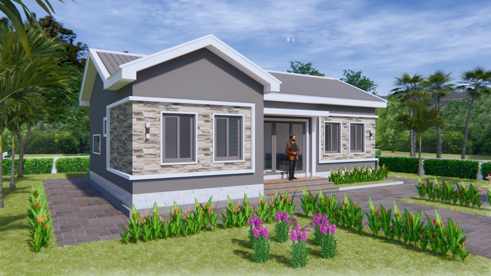 Bungalow House Plan 12×8 Meter 40×27 Feet 3 Beds 2 Baths Gable Roof A4 Hard Copy