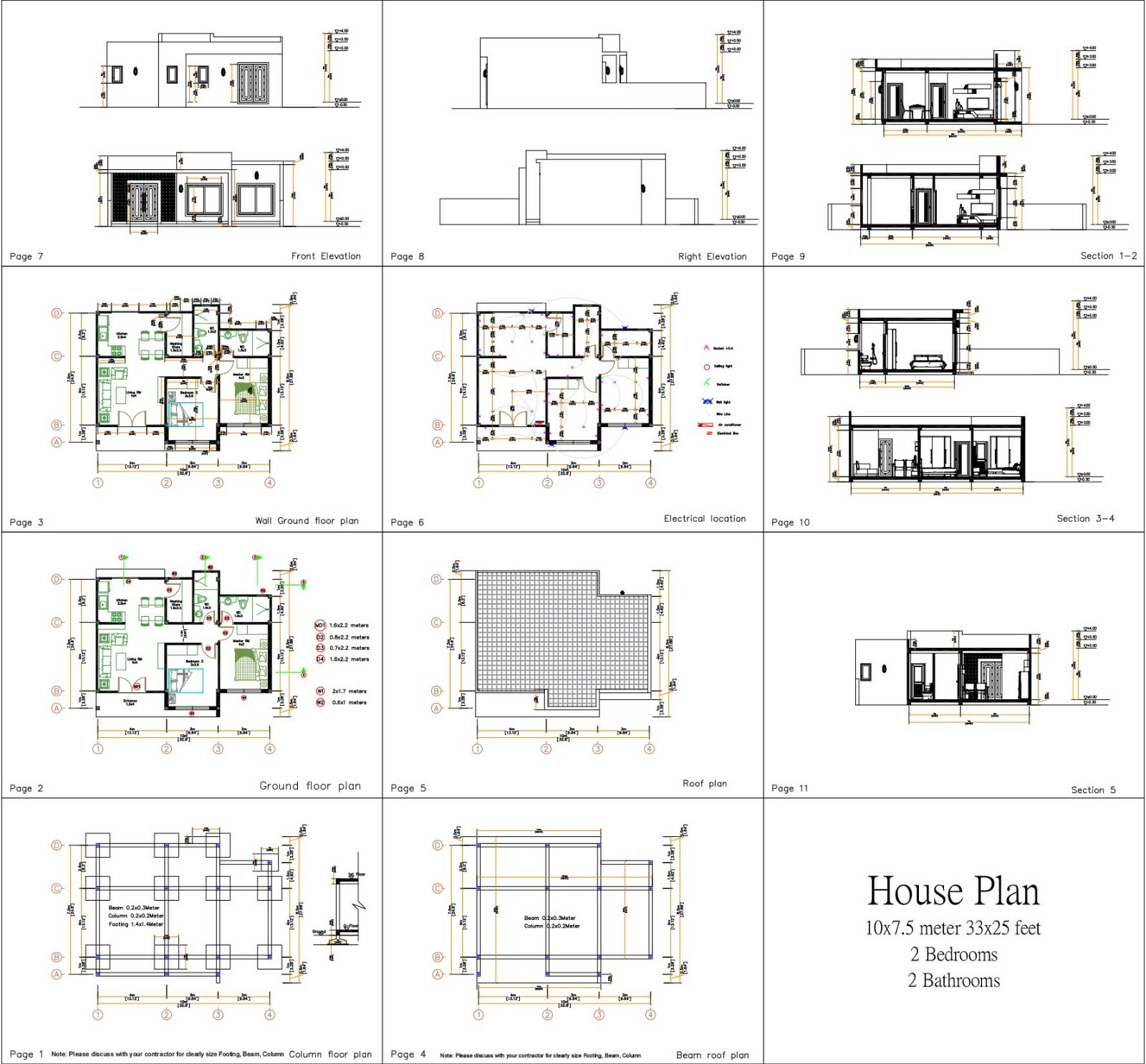 33×25 Feet Modern House Plan 10×7.5 Meter 2 Beds 2 Baths Terrace (A4 Hard Copy)