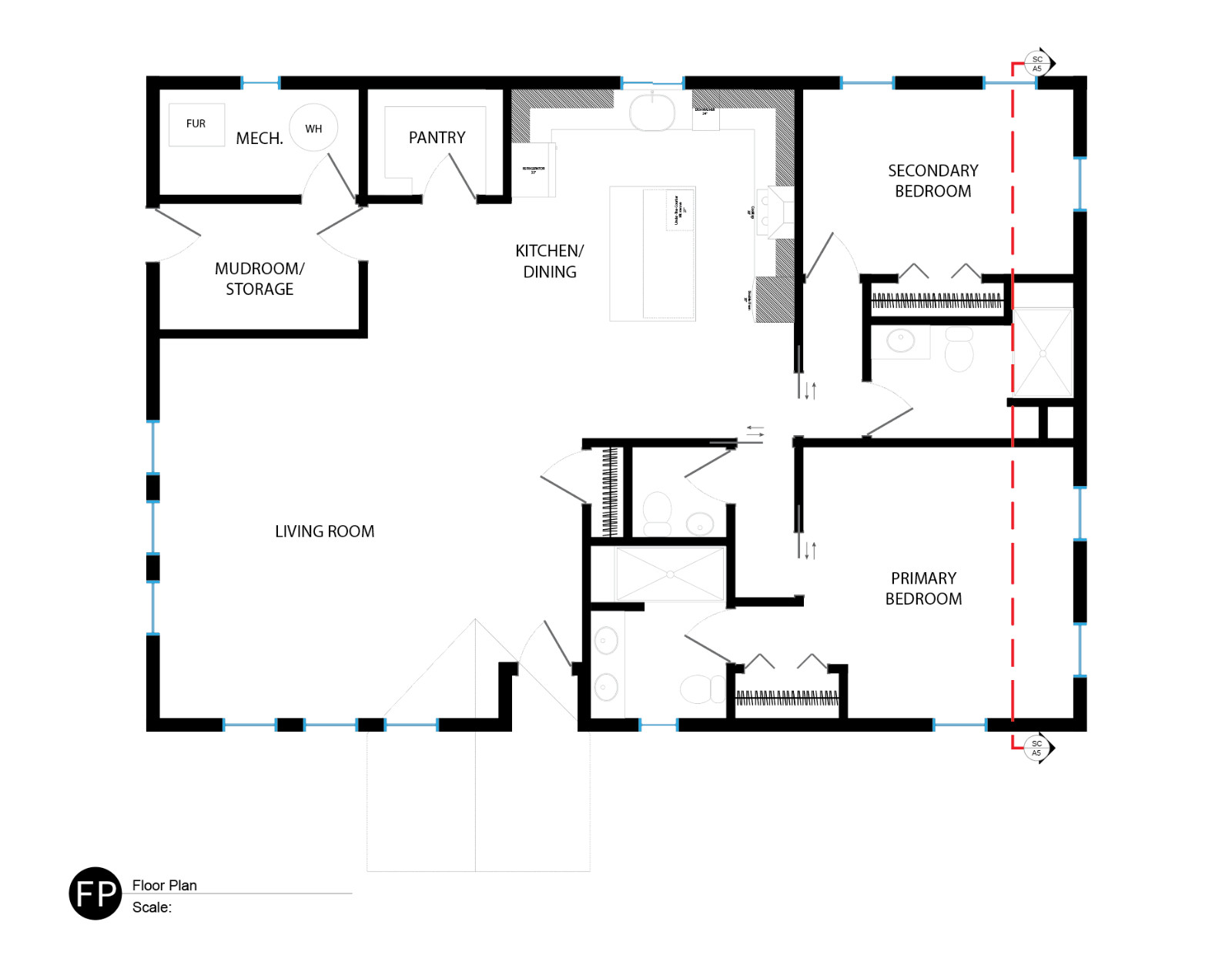 Floor Plans for a 52’x36′ Home, Single Level, 2 Beds, 2.5 Baths