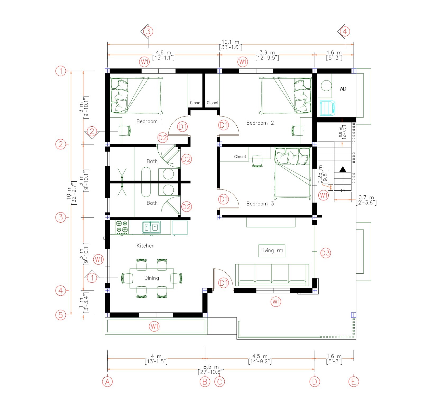 33×33 Feet Small House Plan 10×10 Meter 3 Bed 2 Bath Terrace PDF & A4 Hard Copy