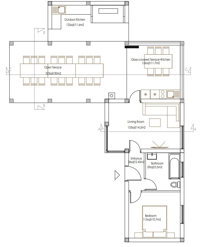 Tiny Modern 1Bedroom1Bathroom Small House Floor Plan with Flat Roof 480sqft/45m2