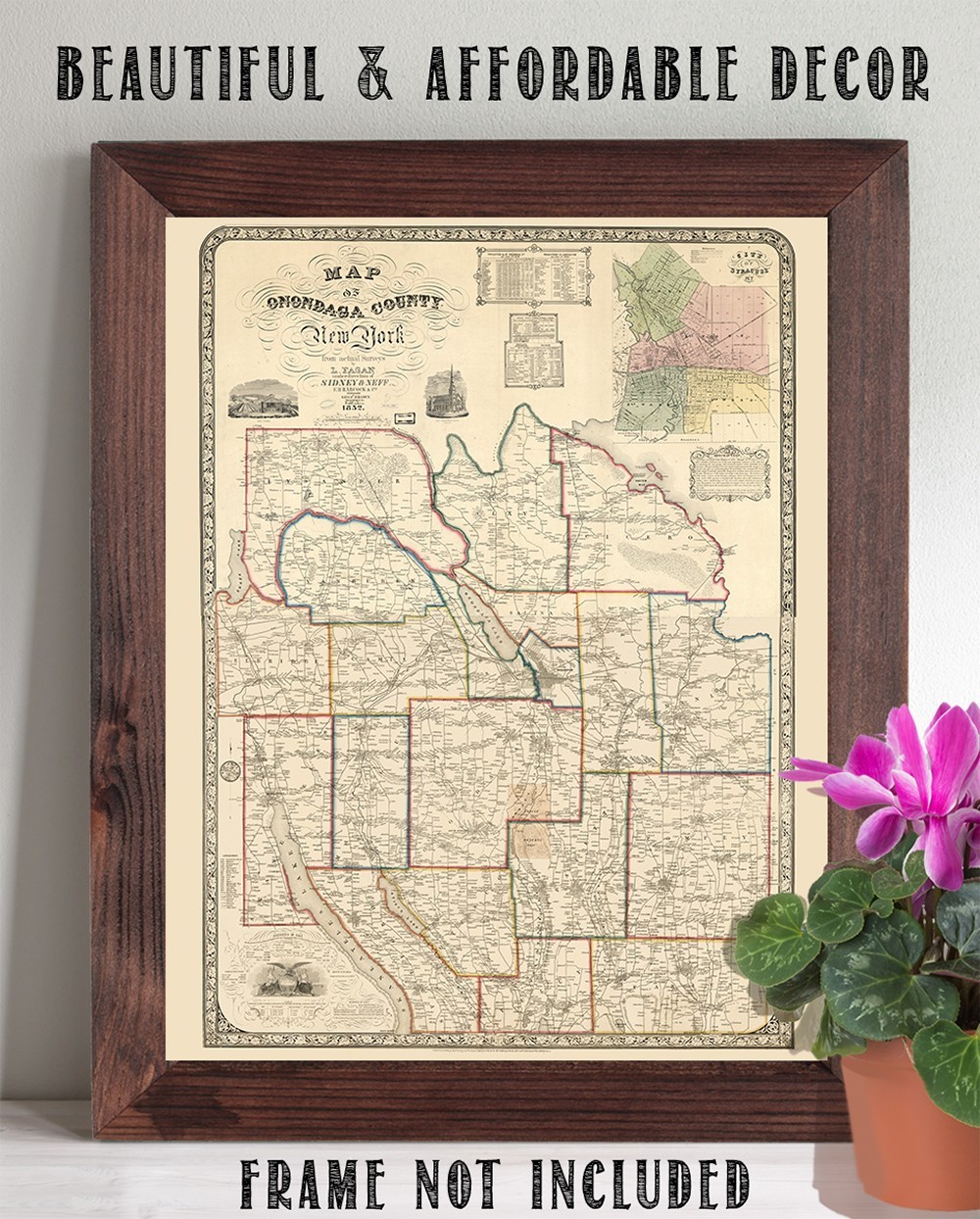 Onondaga County New York 1852 Vintage Map Historic Central NY Cartography