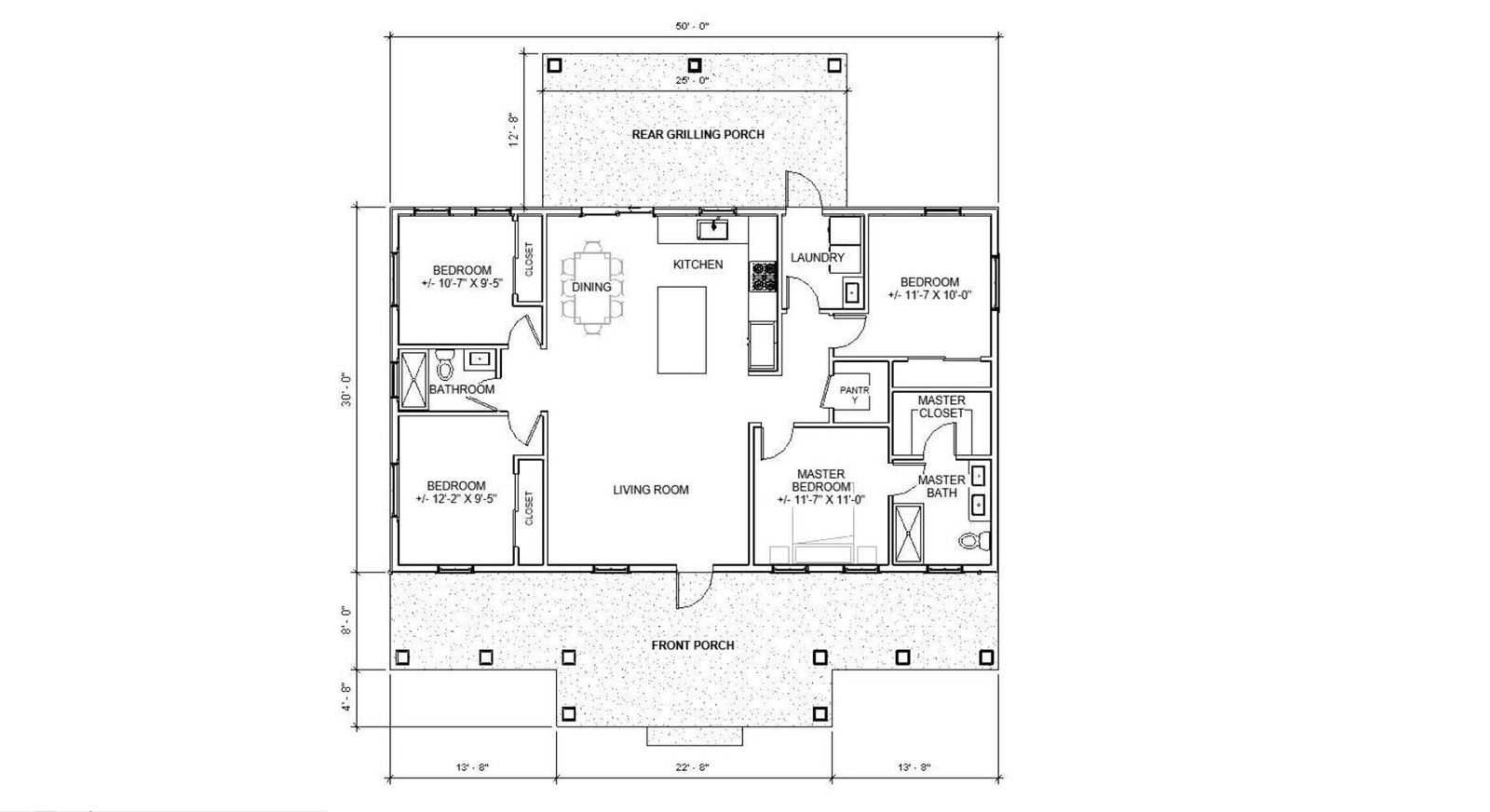 Redwood Terrace Custom House Plans and Blueprints – Spacious 4 Bed 2 Bath – 50’x