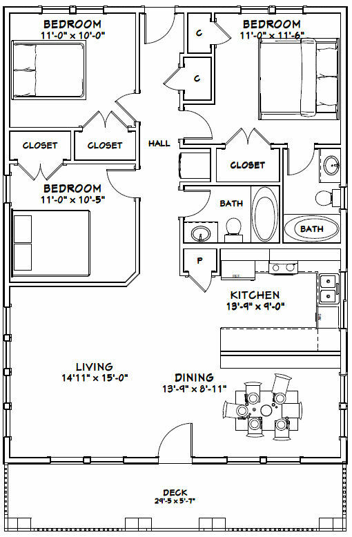 30×40 House — 3 Bedroom 2 Bath — 1,200 sq ft — PDF Floor Plan — Model 3