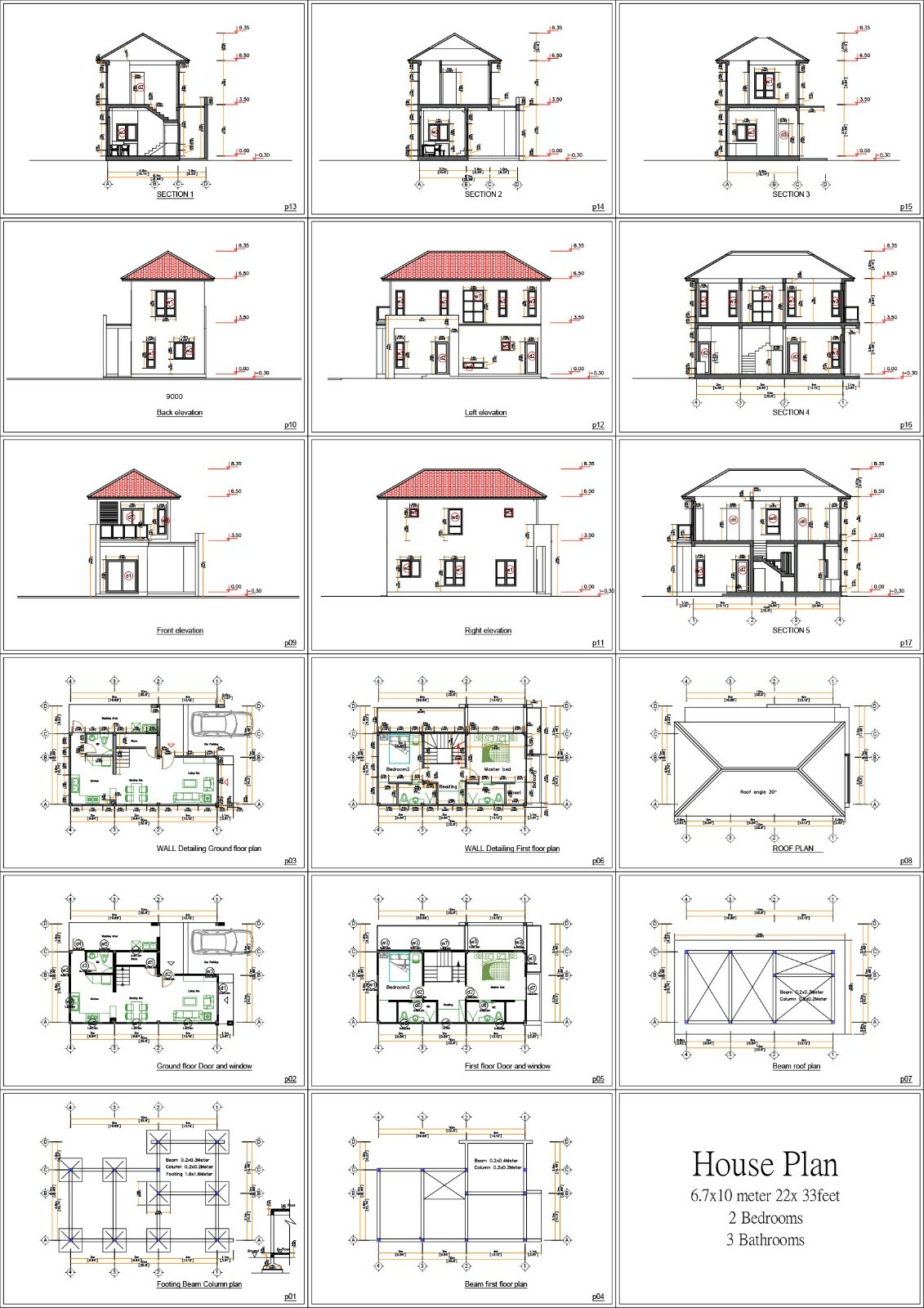 Custom Small House 6.7×10 Meter 22×33 Feet 2 Beds 3 Baths Hip Roof (A4 Hard Copy