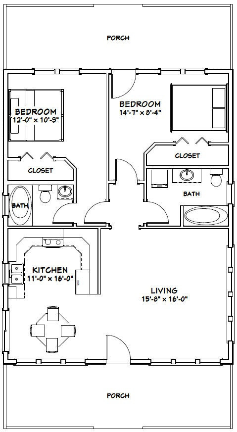 28×36 House — 2 Bedroom 2 Bath — PDF Floor Plan — 1,008 sq ft — Model 1C