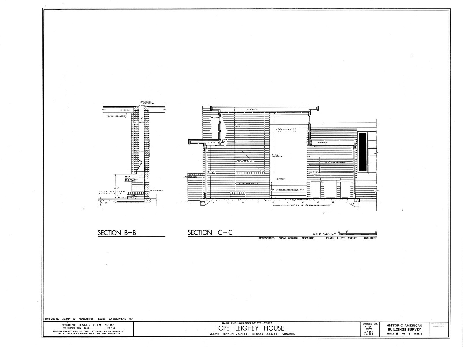 Pope House, a Frank Lloyd Wright Usonian Home, 2 bedrooms, architectural plans