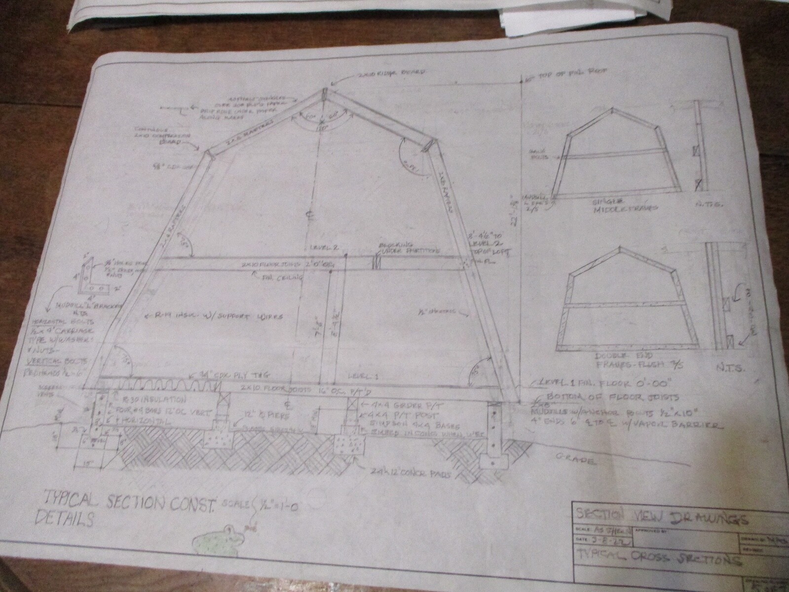 MODIFIED A-FRAME CABIN PLANS HAND-DRAWN ARCH COPIES 1400 SQ FT . HOBBY ROOM.