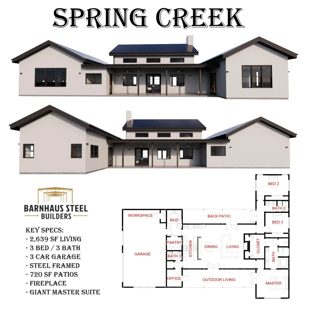 The Spring Creek Farmhouse Plan: 3 Bedrooms / 3 Baths 2,639 SF Design Blueprints
