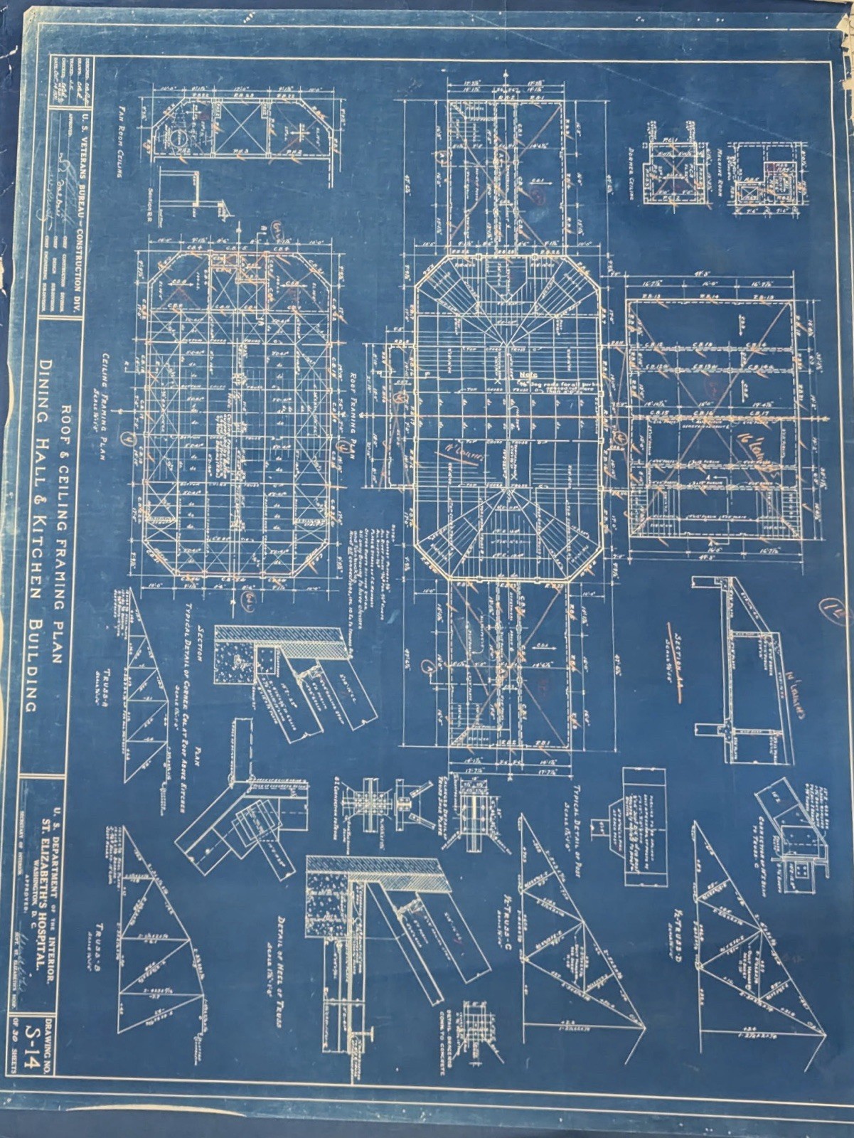 1931 Antique Historic St Elizabeths Insane Asylum Blueprint 42x33in