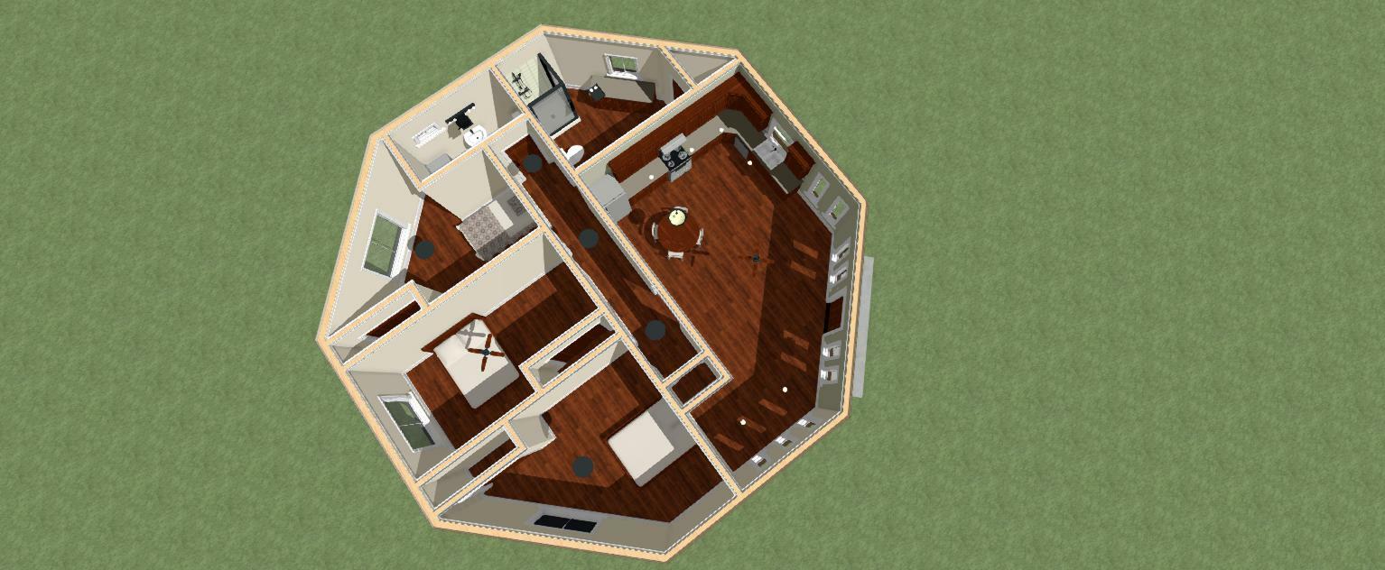 Octagon House Plans 1430 sq.ft. three bedrooms FREE SHIPPING