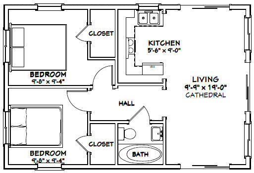 30×20 House — 2 Bedroom 1 Bath — 600 sq ft — PDF Floor Plan — Model 1A
