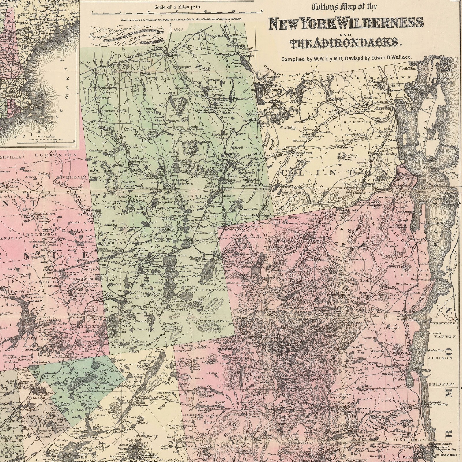New York Wilderness & Adirondacks Antique Map Vintage Upstate Travel Wall Art