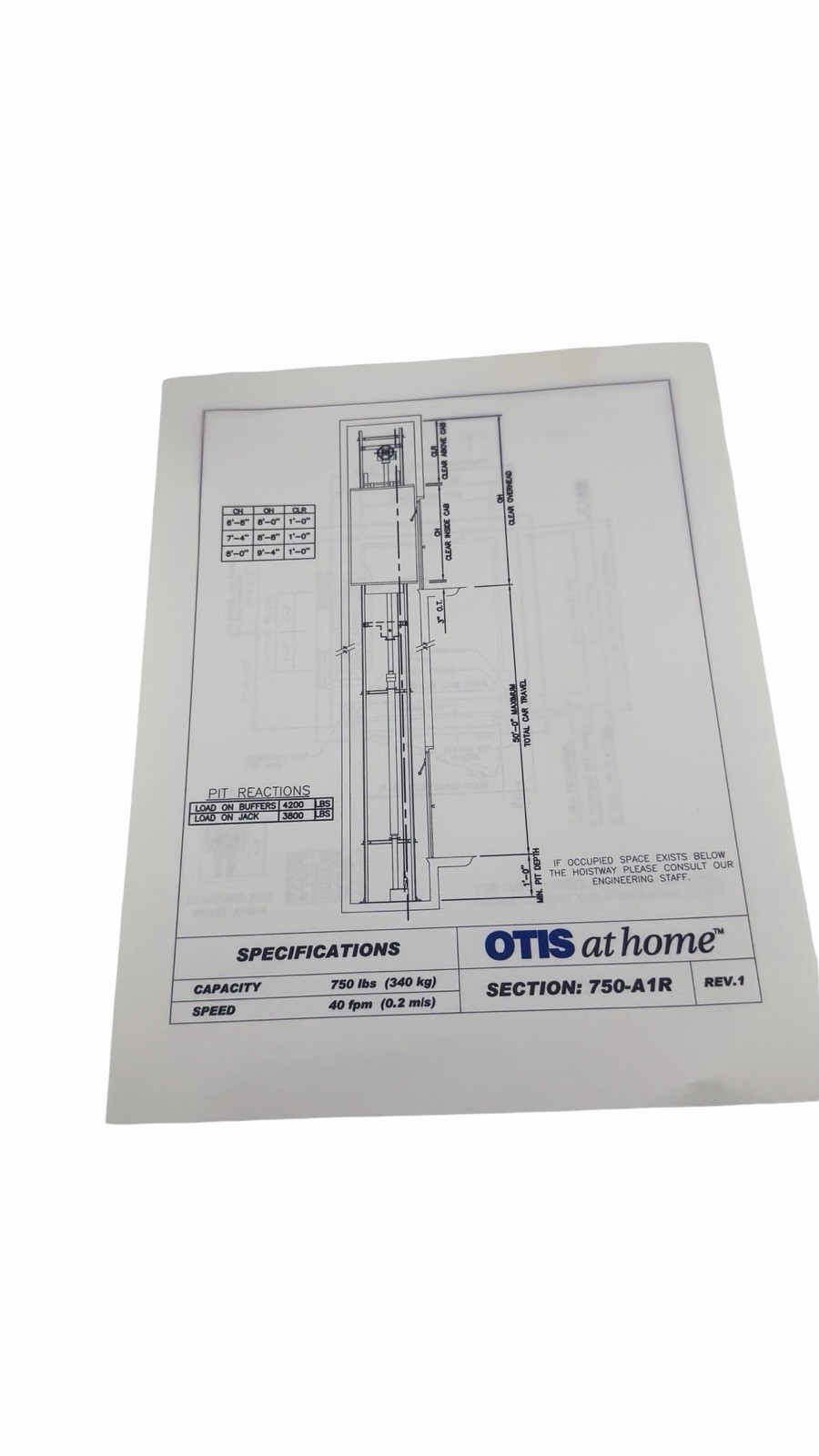 Home Elevator Blueprint Spec Sheet Lot Plan 750-A1R Engineering Drawings