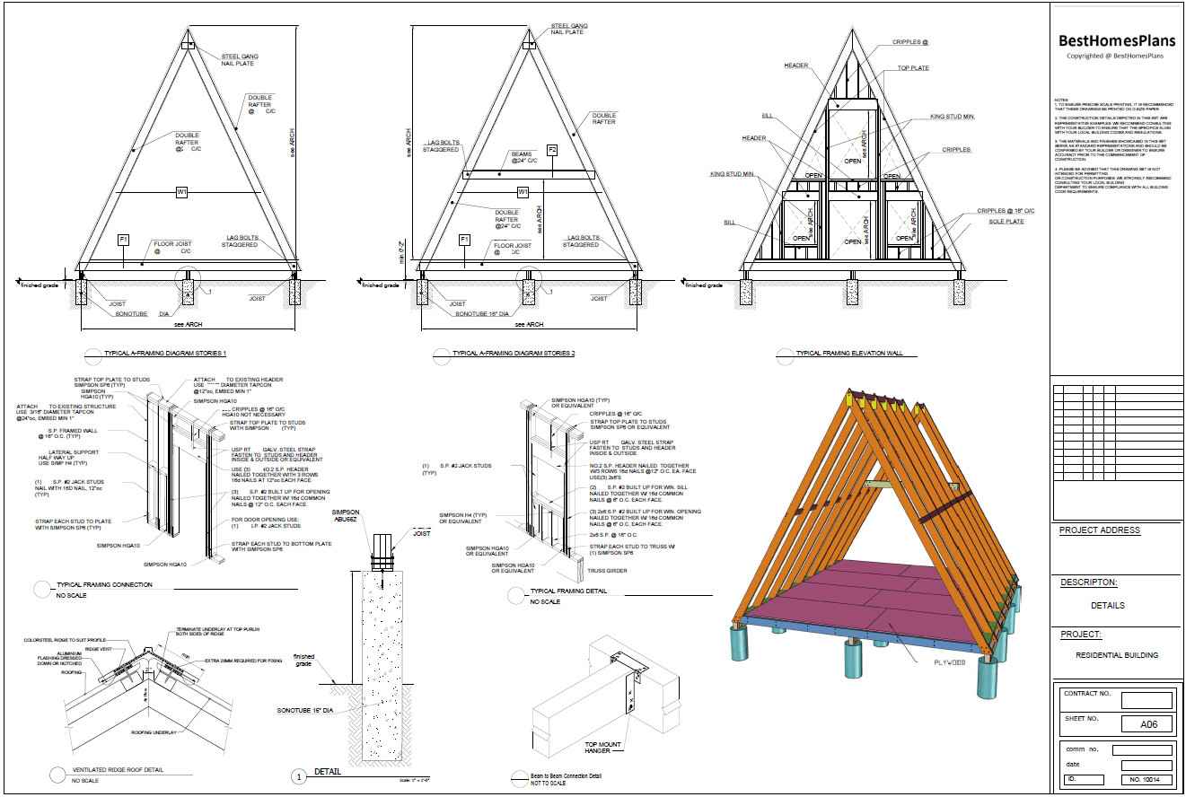 42’x49’ 2 Beds 1 Bath Small A-Frame Cabin Architectural Build Plans PDF Download
