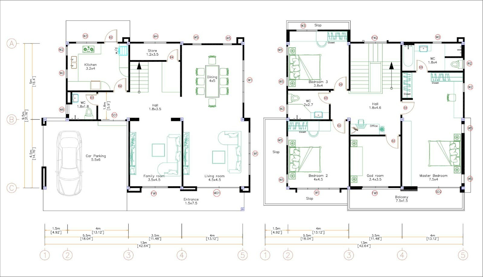 House Plan 13×9.5 Meter 3 Bedrooms 43×31 Feet Full PDF Plans (A4 Hard Copy)
