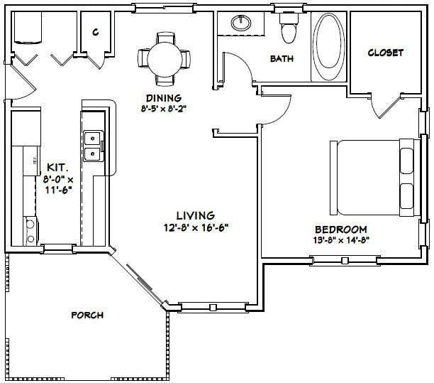 36×26 House — 1 Bedroom 1 Bath — 820 sq ft — PDF Floor Plan — Model 1A