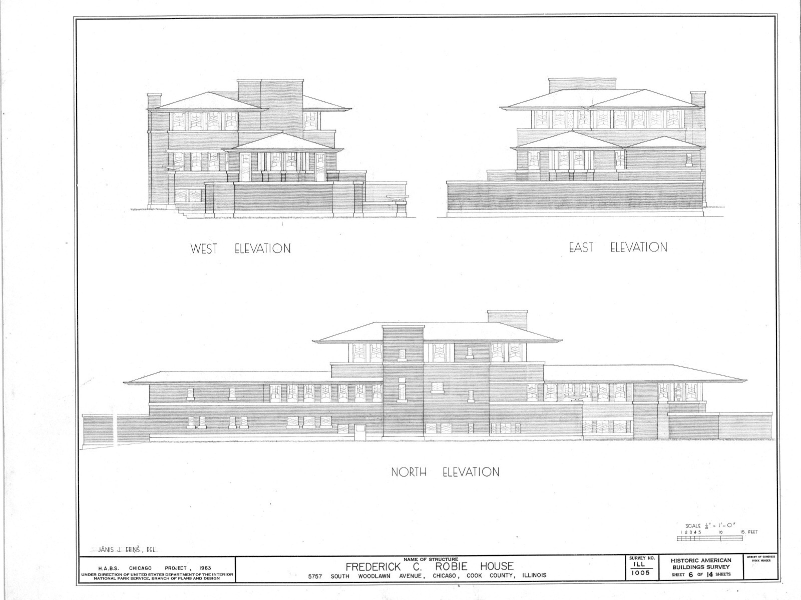 Frank Lloyd Wright Prairie Style Home – Robie House, 25 sheet set, PRINTED